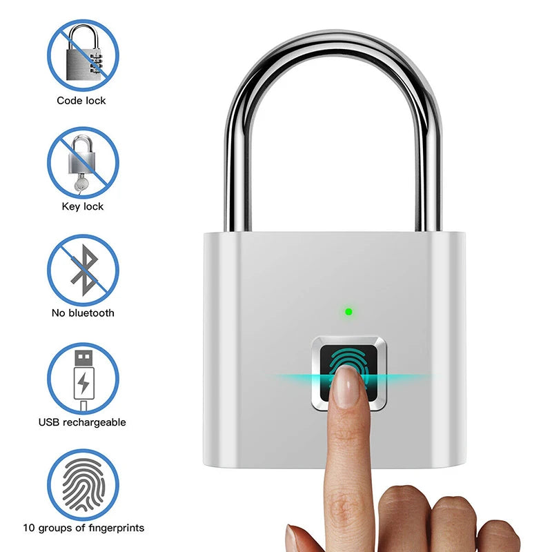 "Smart Fingerprint Padlock - USB Rechargeable Black Silver Zinc Alloy Security Lock for Quick Access"