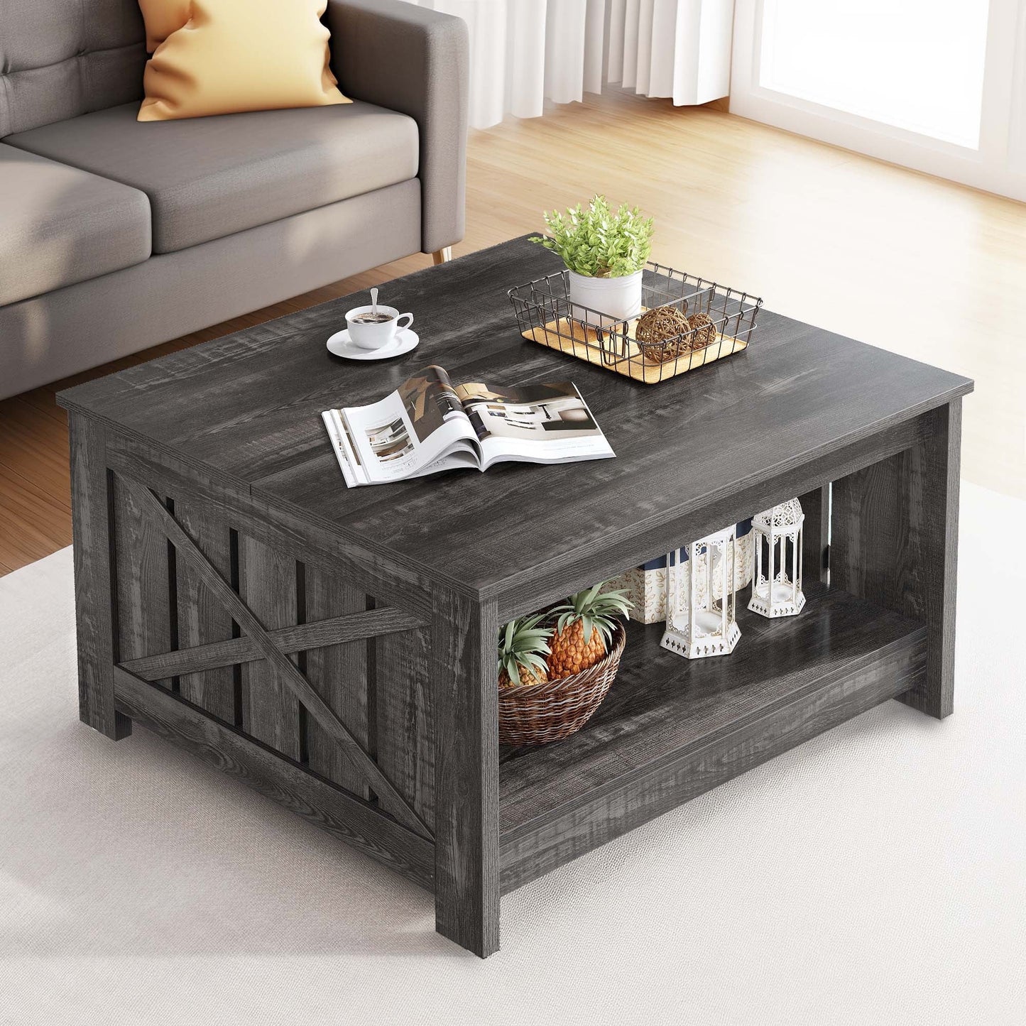 "Chic Rustic Gray Square Coffee Table with Half Open Storage - Perfect for Your Farmhouse Living Room!"