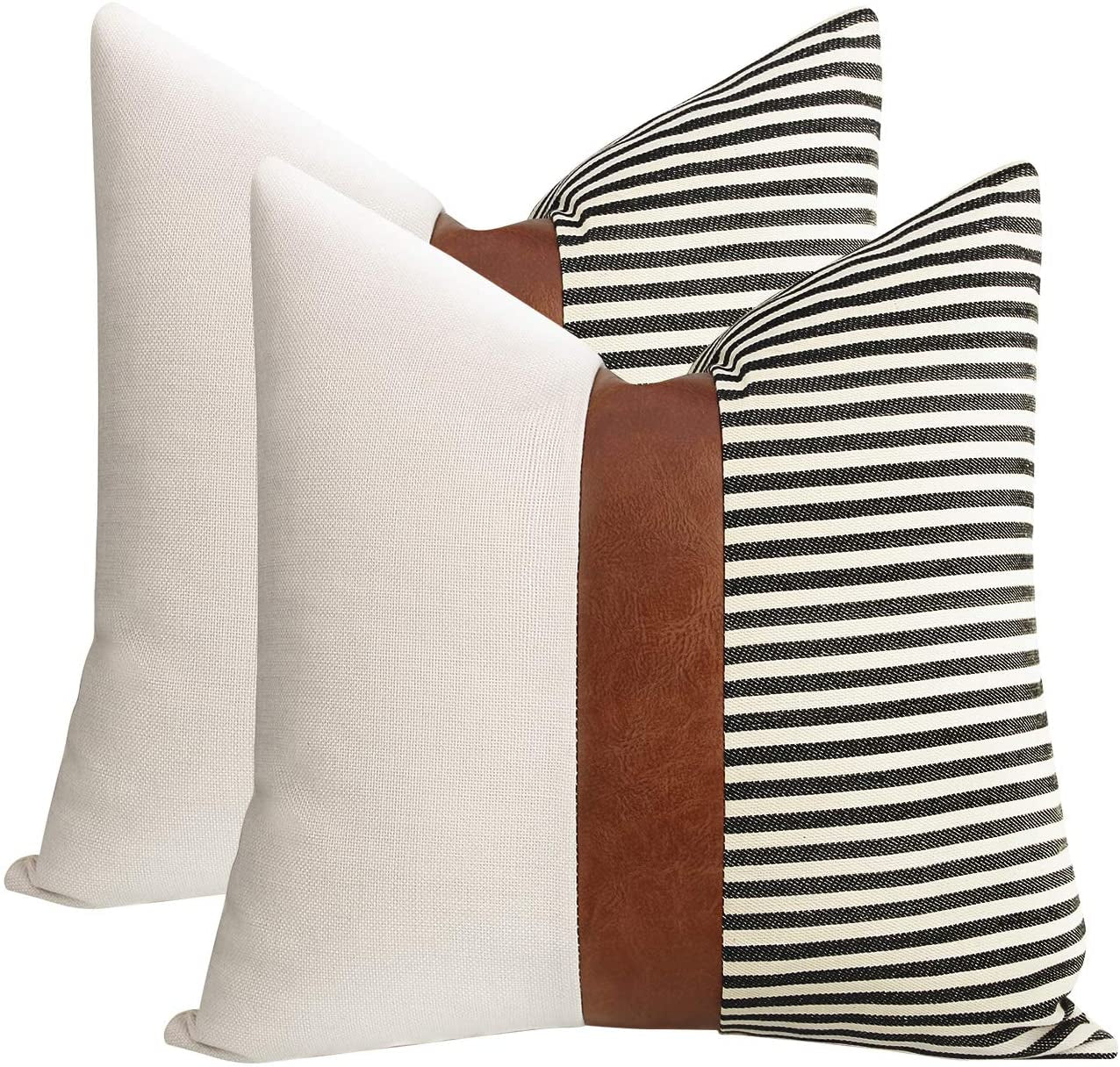 "Transform Your Space with Our Stylish 20x20 Farmhouse Pillow Covers! 🛋️✨ Set of 2 in Chic Stripe Patchwork & Modern Faux Leather - Perfect for Your Couch or Sofa! 🖤 #HomeDecor #PillowTalk"