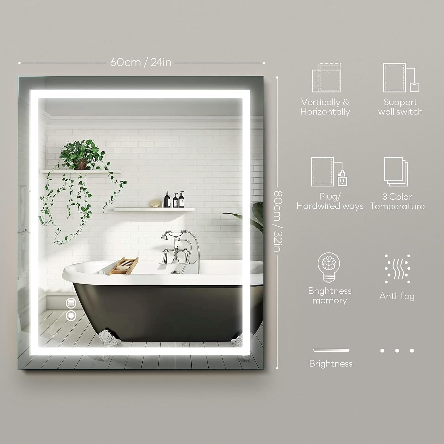 "32x24 Inch Dimmable LED Bathroom Mirror with Anti-Fog & Memory Function - Stylish Lighted Vanity Mirror for a Modern Touch!"