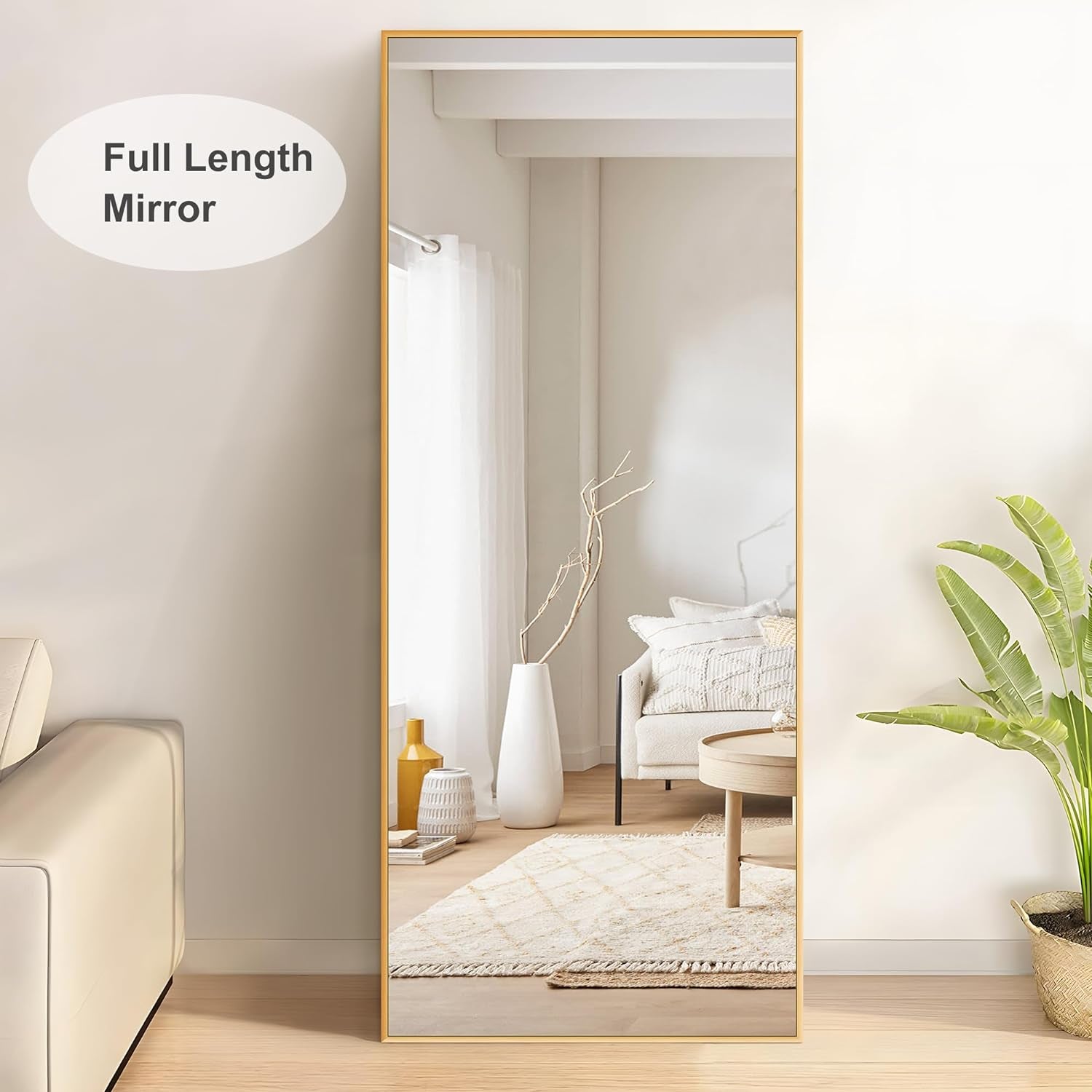 "Elegant 65"×22" Gold Metal Floor Mirror - Versatile Standing, Hanging, or Leaning Design"