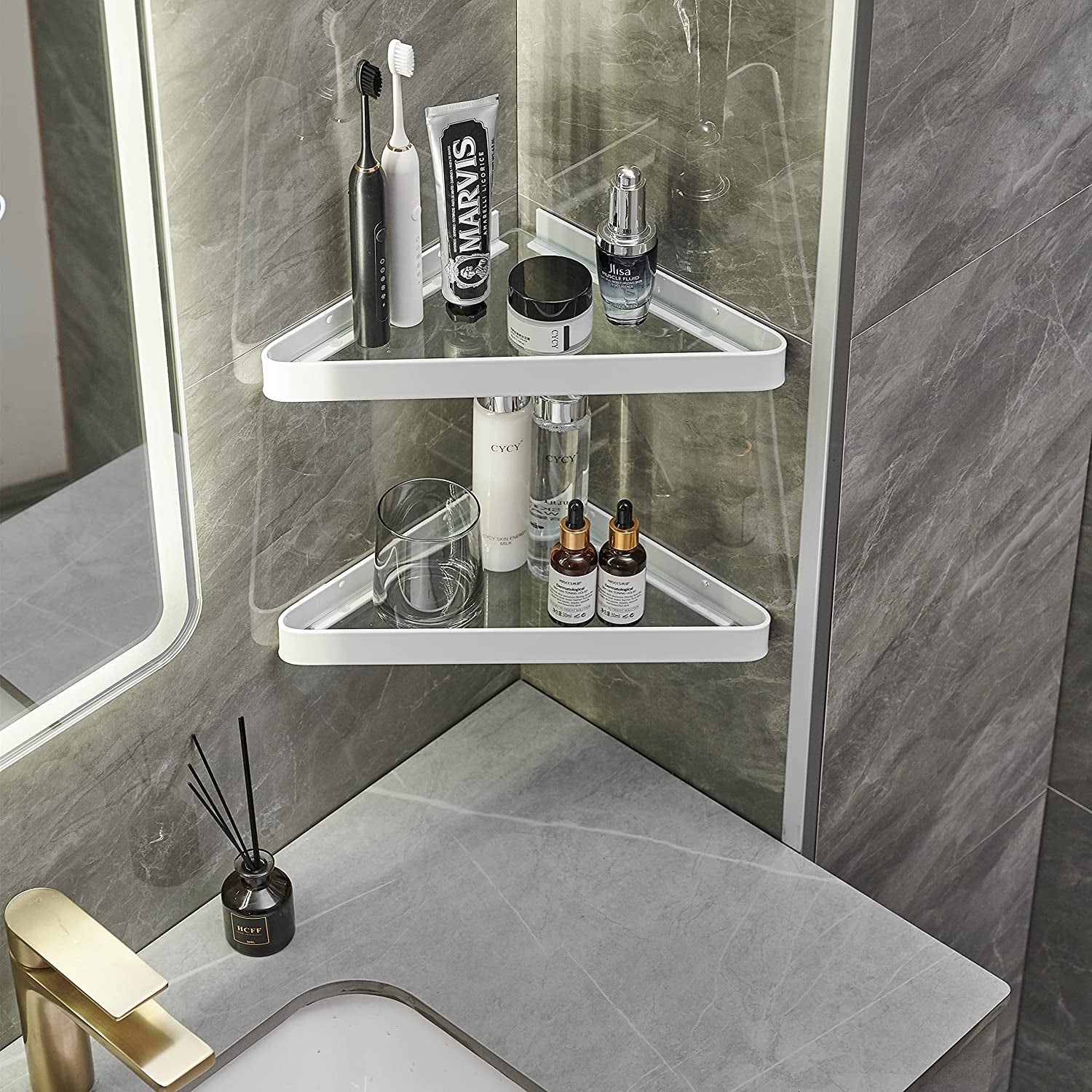 "Stylish White Wall-Mounted Glass Corner Shelves - 2-Tier Floating Bathroom Organizer"