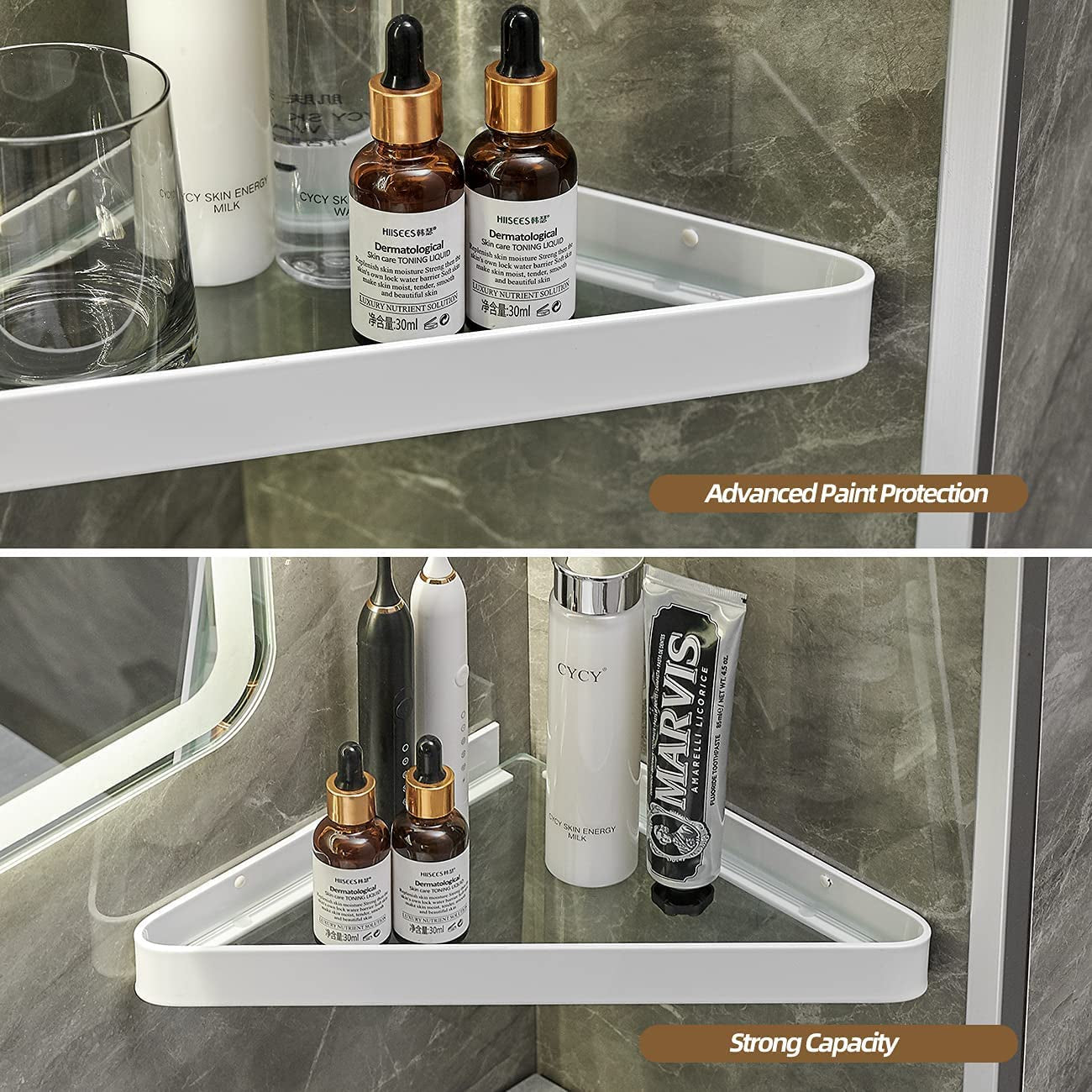 "Stylish White Wall-Mounted Glass Corner Shelves - 2-Tier Floating Bathroom Organizer"