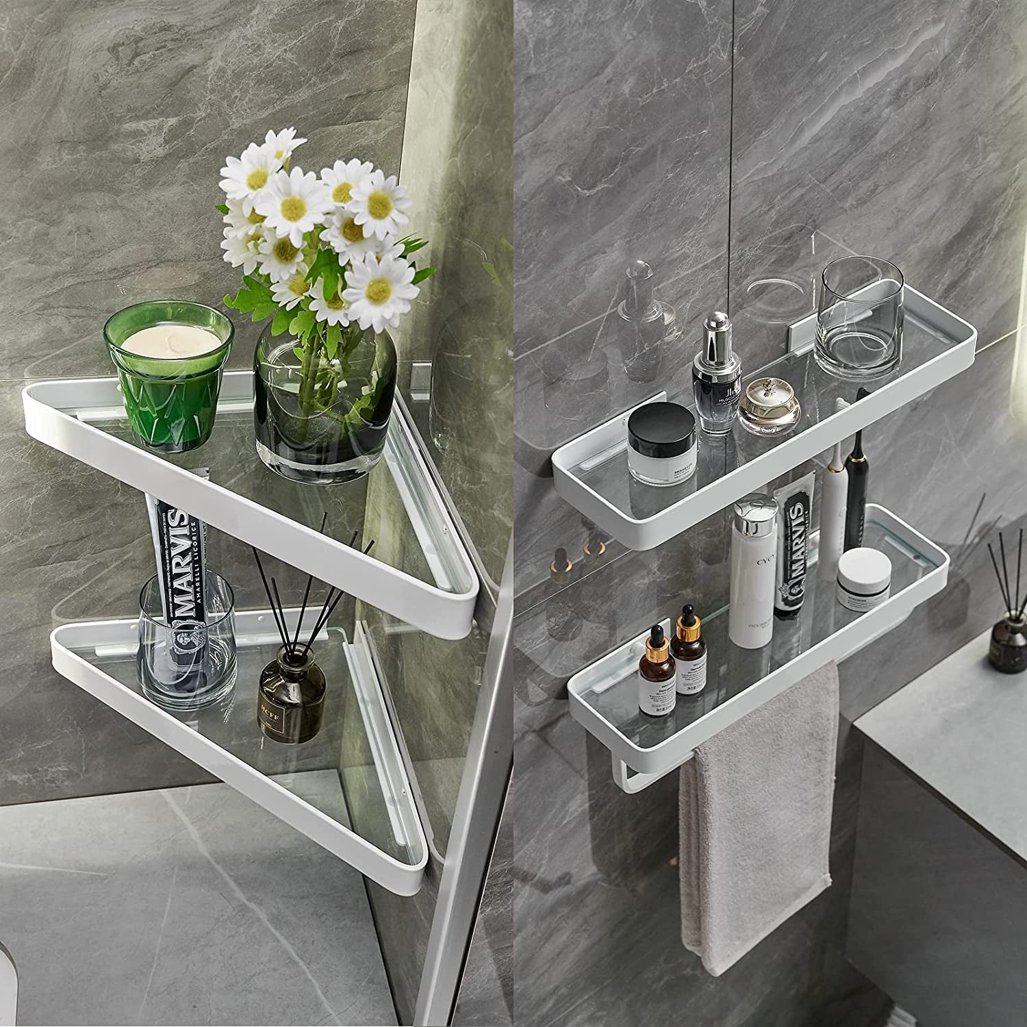 "Stylish White Wall-Mounted Glass Corner Shelves - 2-Tier Floating Bathroom Organizer"