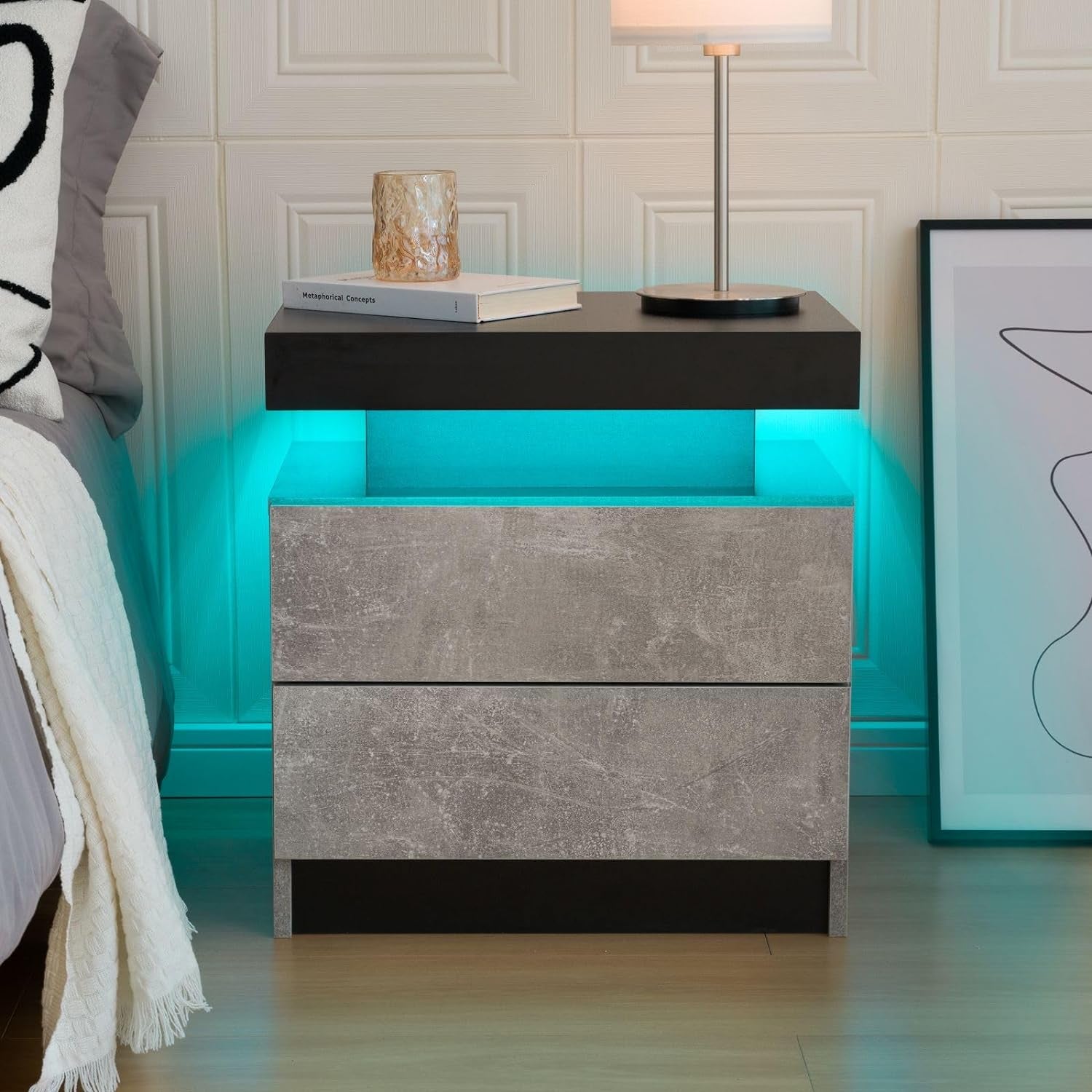 "Stylish Grey Bedside Table with 2 Drawers & LED Lights - Perfect Nightstand for Bedroom & Living Room"