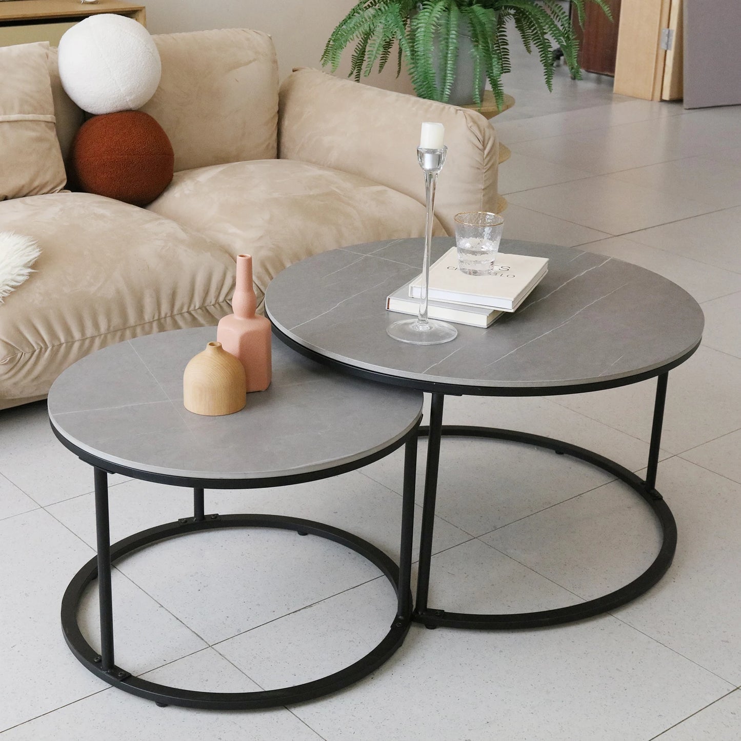 "Chic Grey Marble Nesting Coffee Table Set with Sleek Metal Legs - Elevate Your Modern Home Décor!"