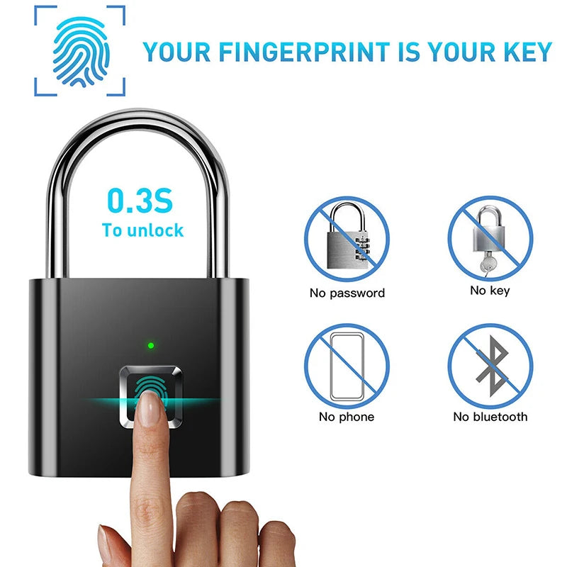 "Smart Fingerprint Padlock - USB Rechargeable Black Silver Zinc Alloy Security Lock for Quick Access"