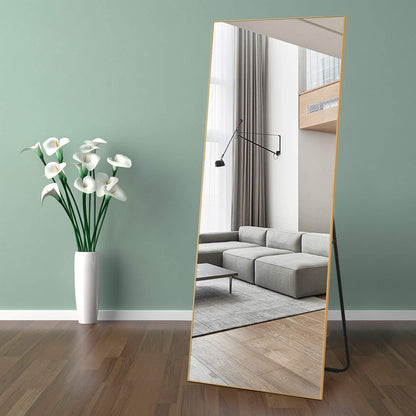 "Elegant 65"×22" Gold Metal Floor Mirror - Versatile Standing, Hanging, or Leaning Design"