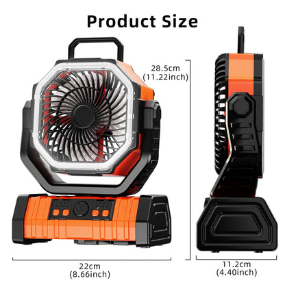 "Powerful 20,000mAh Portable Rechargeable Fan with LED Light & Hook - Perfect for Camping, Outdoor Adventures, and Desk Use!"