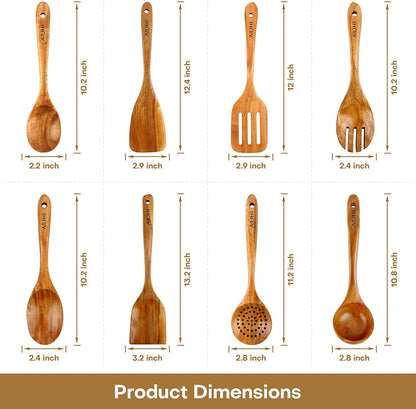 "Premium Teak Wood Cooking Utensil Set - 8 Nonstick, Non-Scratch Kitchen Spoons for Effortless Cooking!"