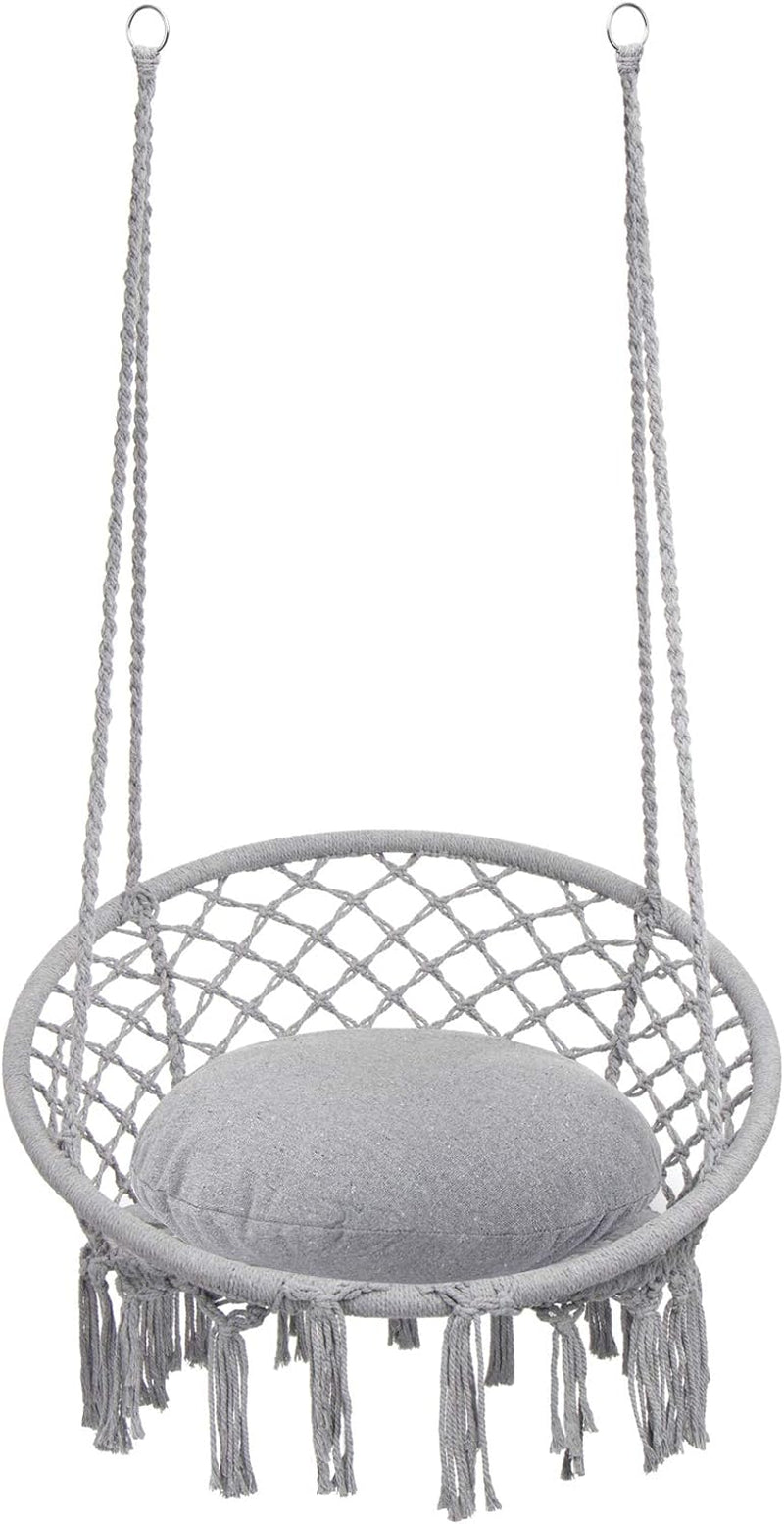 "Cozy Macrame Hammock Chair - Max 330 Lbs Capacity, Stylish Light Grey Swing for Indoor & Outdoor Relaxation"