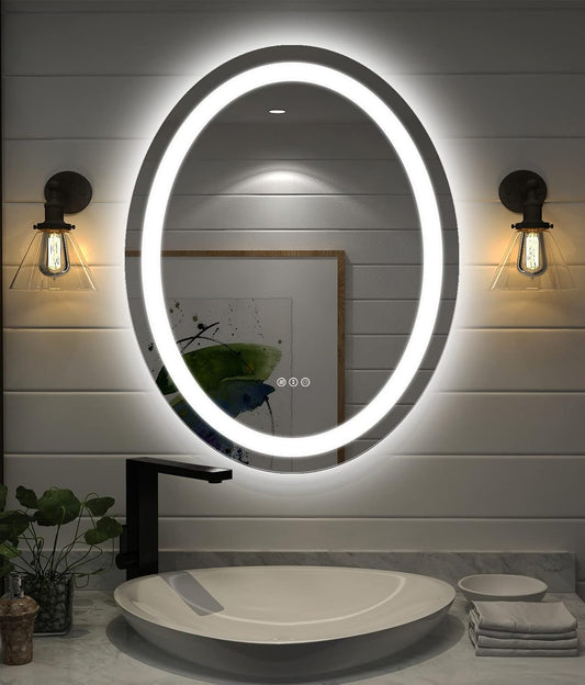 "Elegant 24x32 Oval LED Vanity Mirror - Dimmable, Anti-Fog, Shatter-Proof with Front & Back Lighting - Perfect for Your Bathroom!"