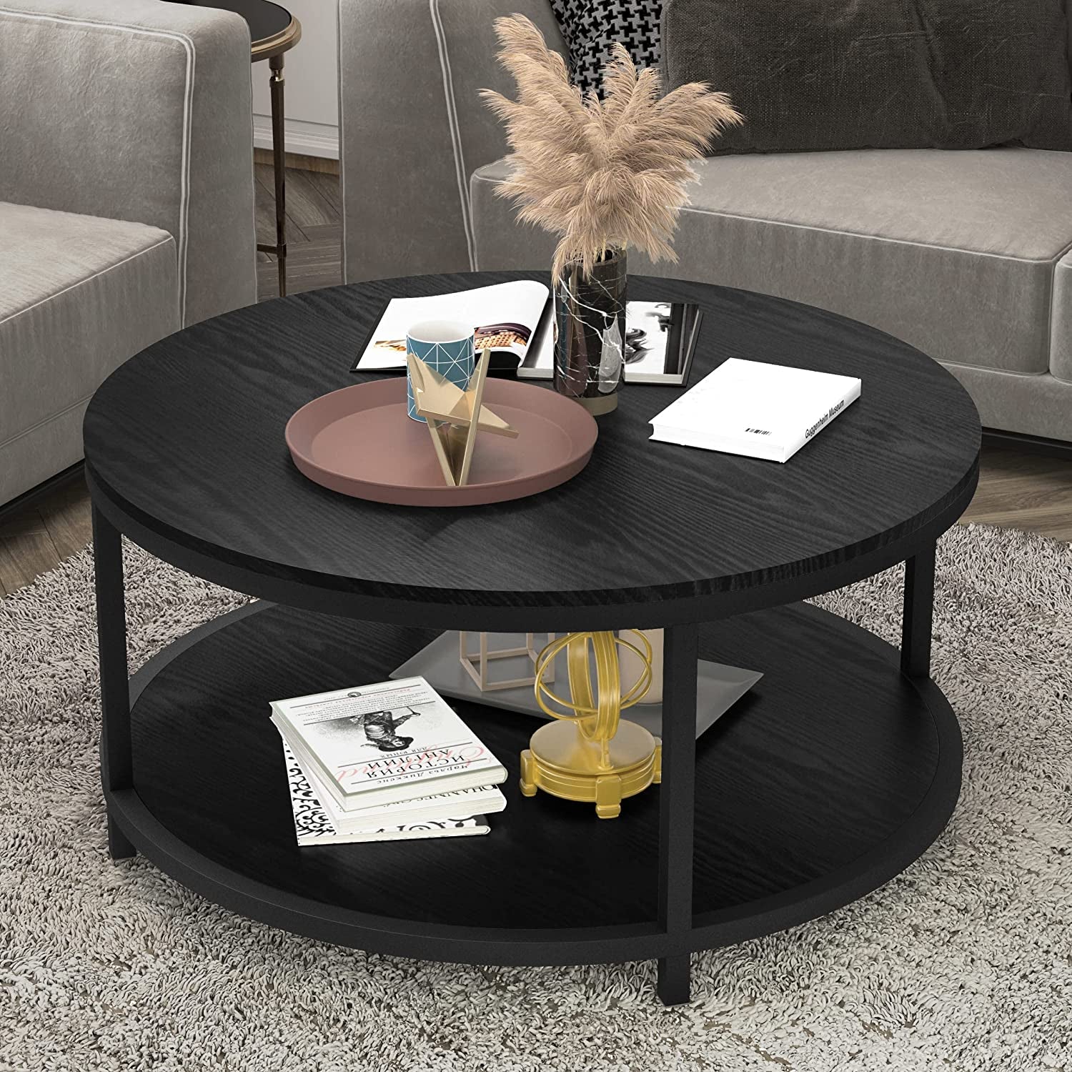 "Stylish 36" Round Rustic Coffee Table with Open Shelf - Sturdy Metal Legs & Modern Design for Your Living Room"