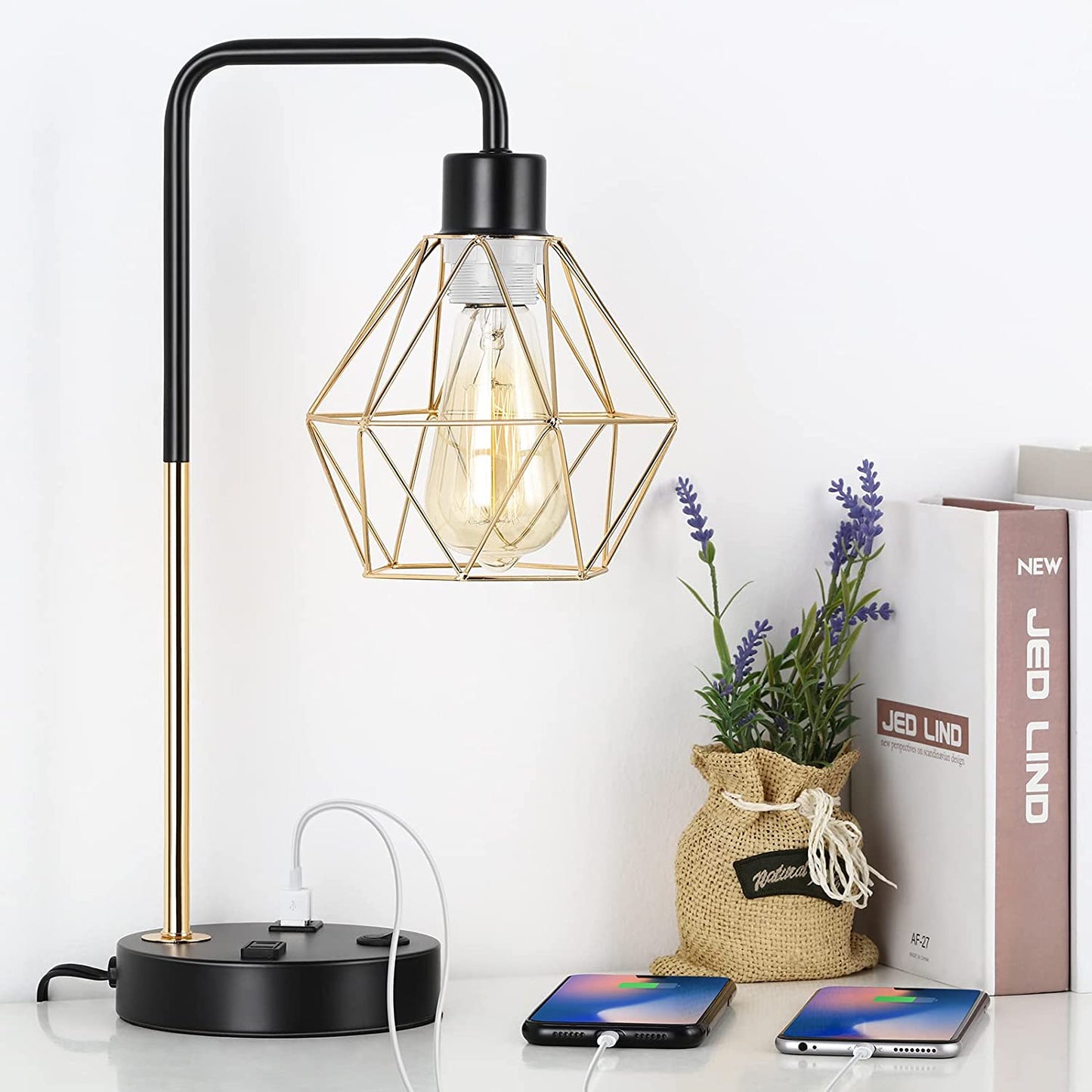 "Stylish Industrial USB Desk Lamp with Vintage Gold Metal Cage - 2 USB Ports & 1 AC Outlet for Bedroom, Living Room, and Office"