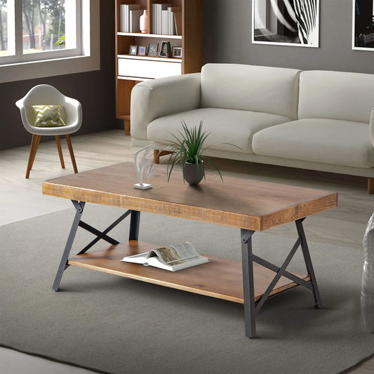 "Stylish Rustic 43'' Solid Wood Coffee Table with Durable Metal Legs - Ideal for Your Living Room!"