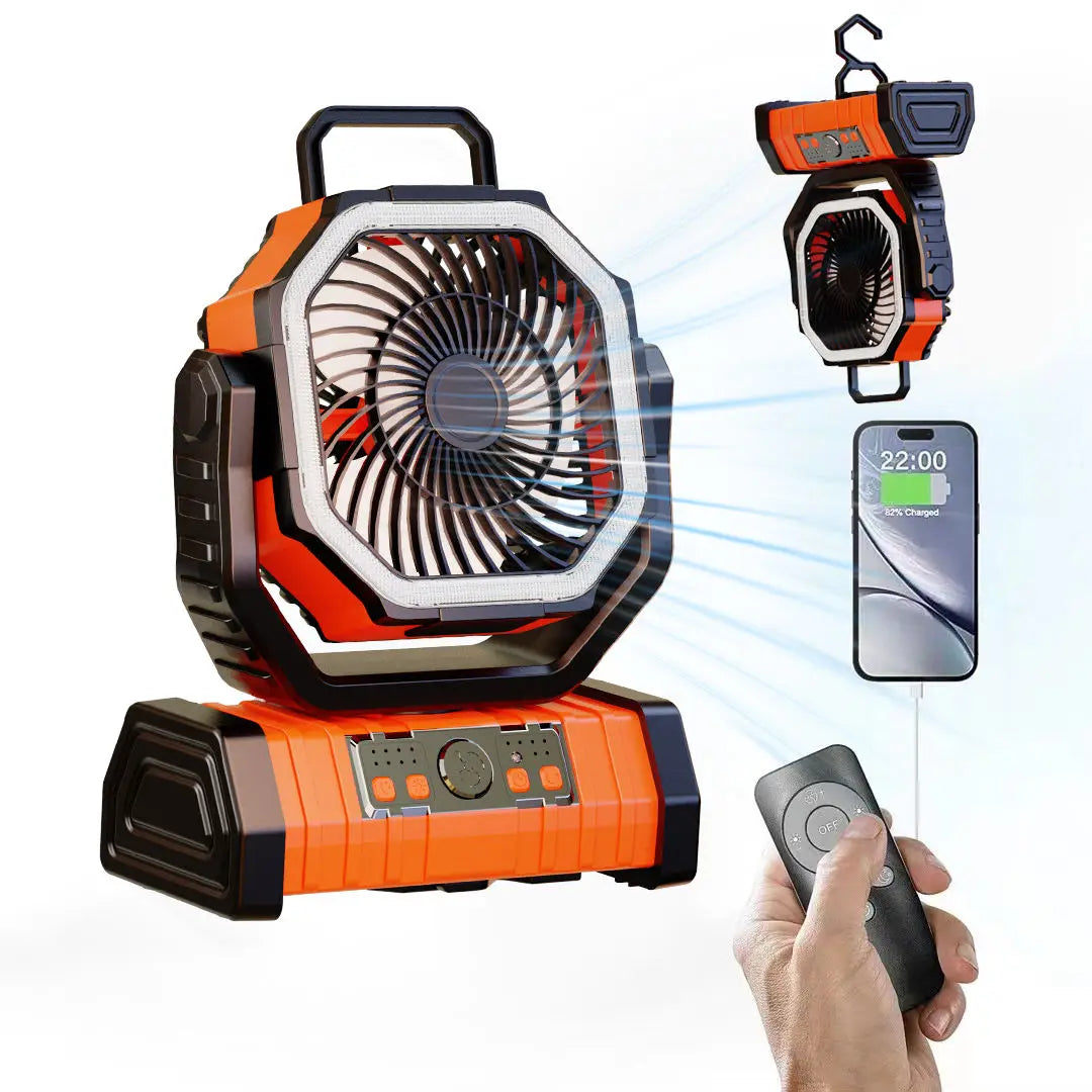 "Powerful 20,000mAh Portable Rechargeable Fan with LED Light & Hook - Perfect for Camping, Outdoor Adventures, and Desk Use!"