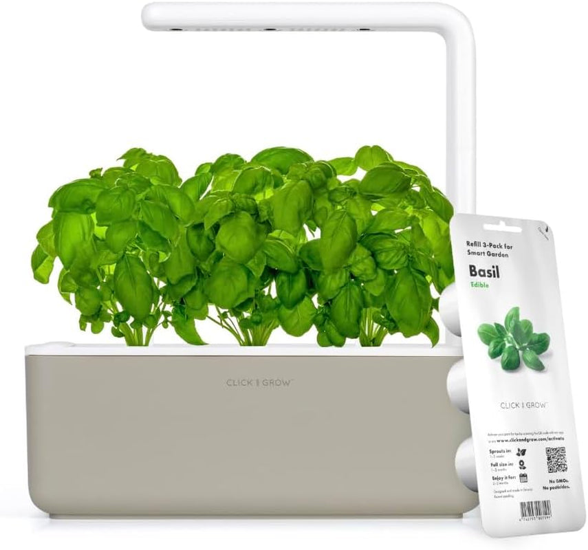 "Smart Click & Grow Indoor Herb Garden Kit with Grow Light - Effortless Vegetable Gardening for Your Kitchen Windowsill (Includes 3 Basil Pods) - Beige"