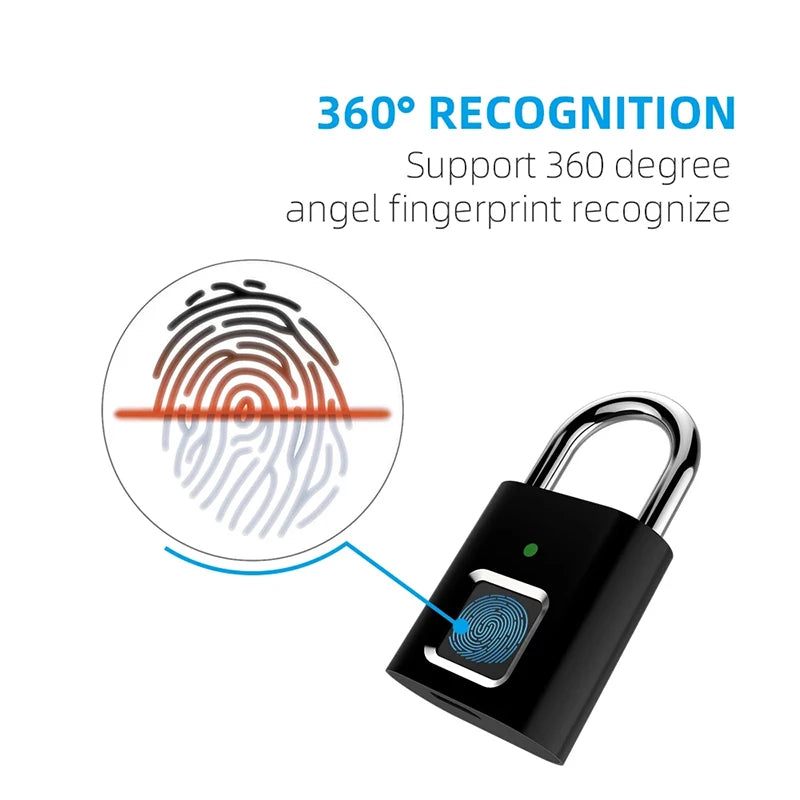 "Smart Fingerprint Padlock - USB Rechargeable Black Silver Zinc Alloy Security Lock for Quick Access"