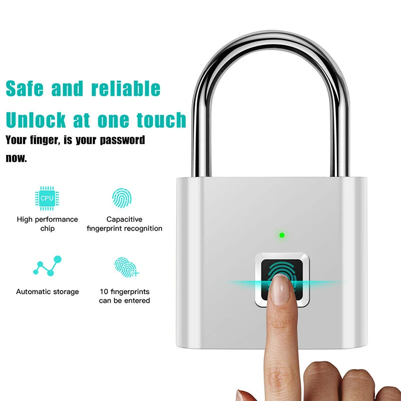 "Smart Fingerprint Padlock - USB Rechargeable Black Silver Zinc Alloy Security Lock for Quick Access"