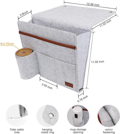 "Stylish Bedside Caddy & Sofa Organizer - 5 Pocket Storage for Phones, Tablets, Remotes & Magazines - Light Grey"