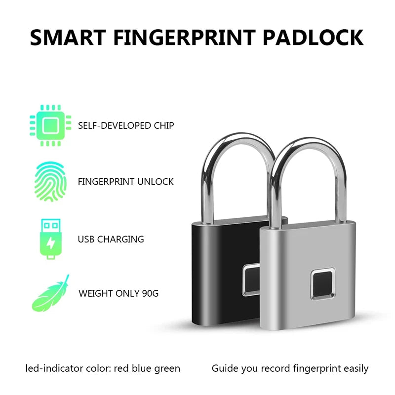 "Smart Fingerprint Padlock - USB Rechargeable Black Silver Zinc Alloy Security Lock for Quick Access"