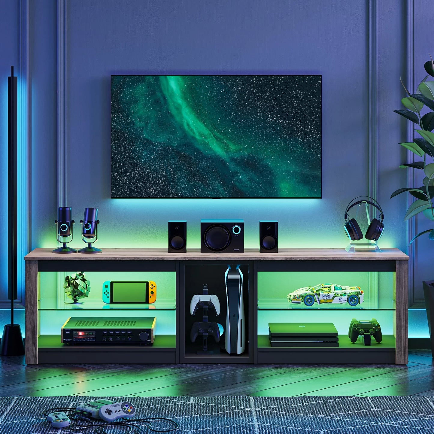 "Stylish TV Stand for Up to 70" TVs - Pinewood Console Table with RGB LED Lights & Ample Storage!"