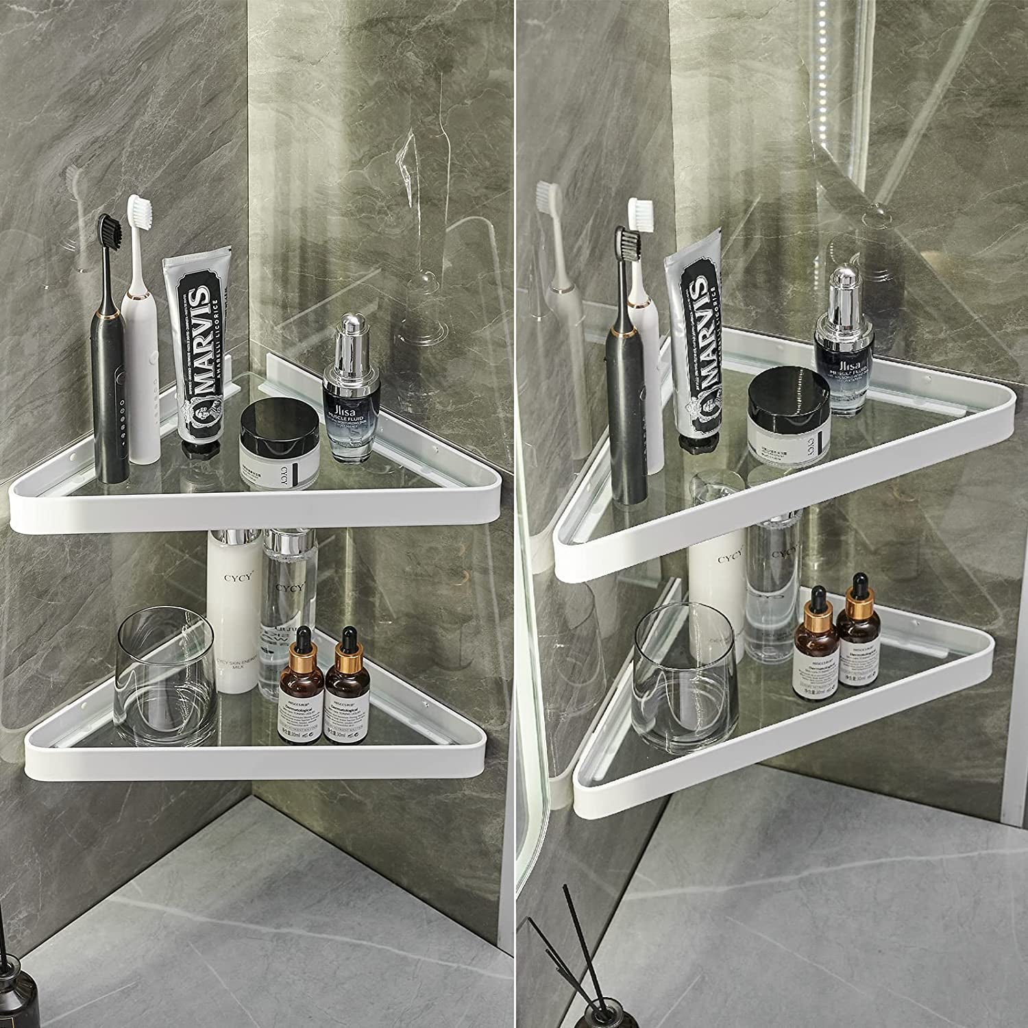 "Stylish White Wall-Mounted Glass Corner Shelves - 2-Tier Floating Bathroom Organizer"