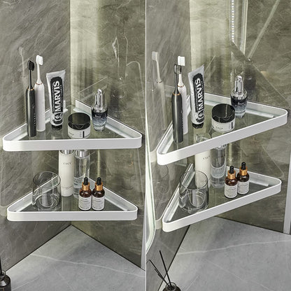 "Stylish White Wall-Mounted Glass Corner Shelves - 2-Tier Floating Bathroom Organizer"