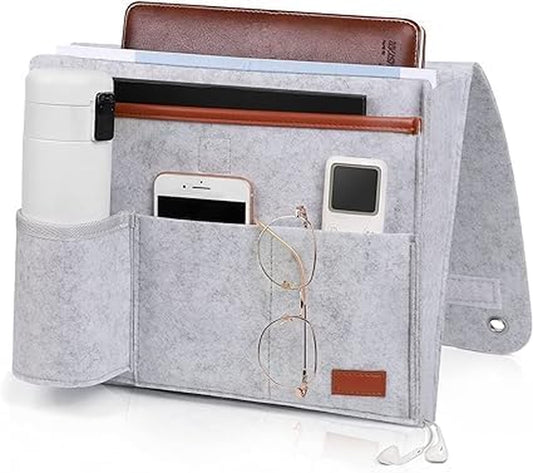 "Stylish Bedside Caddy & Sofa Organizer - 5 Pocket Storage for Phones, Tablets, Remotes & Magazines - Light Grey"