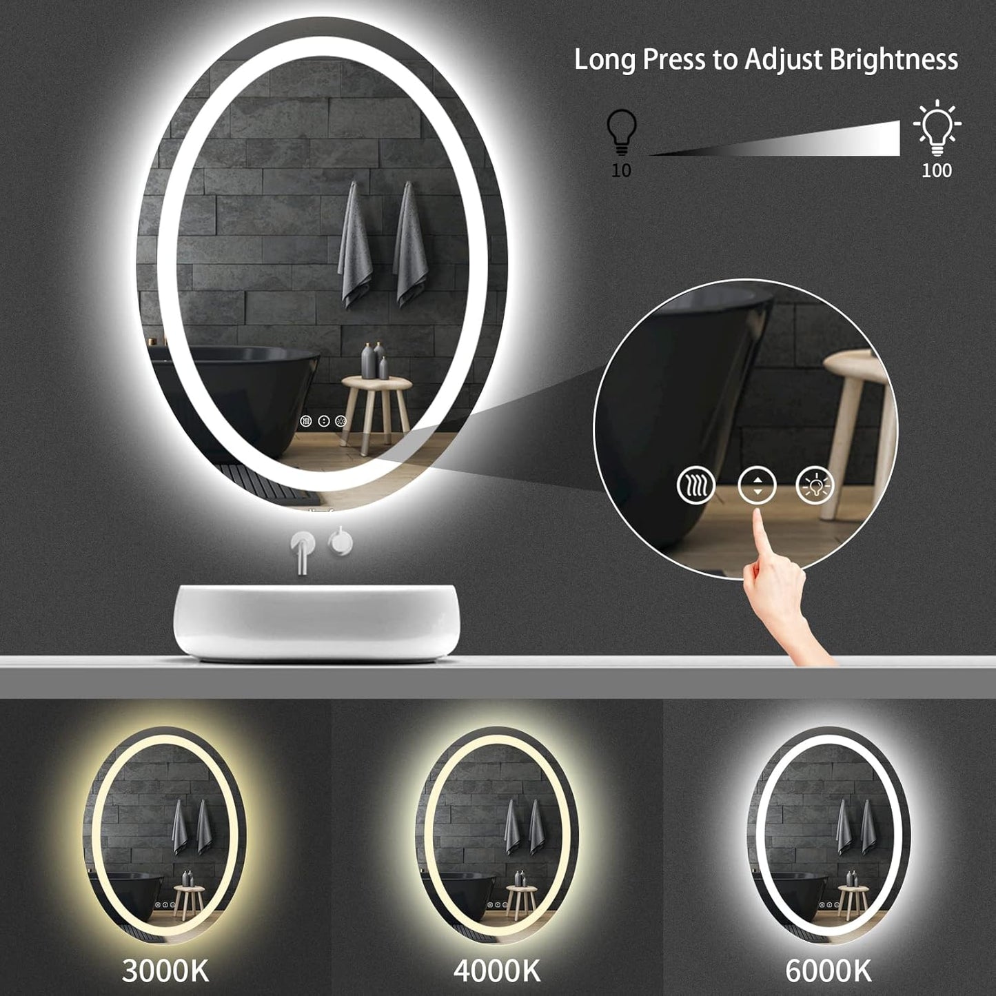 "Elegant 24x32 Oval LED Vanity Mirror - Dimmable, Anti-Fog, Shatter-Proof with Front & Back Lighting - Perfect for Your Bathroom!"