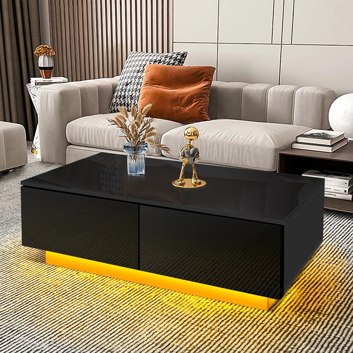 Sleek Black High Gloss LED Coffee Table with 4 Drawers - Modern Centerpiece for Your Living Room!