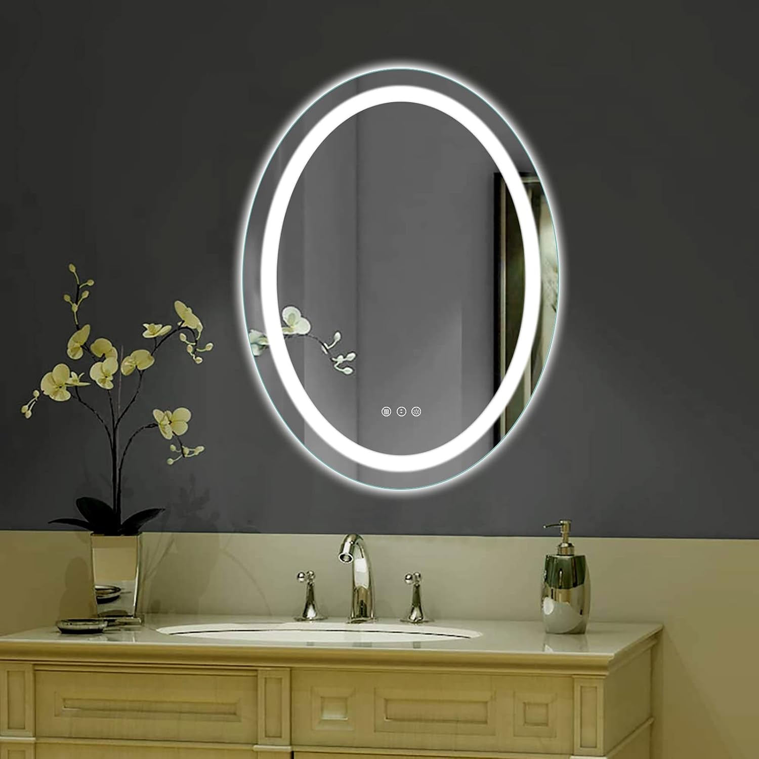 "Elegant 24x32 Oval LED Vanity Mirror - Dimmable, Anti-Fog, Shatter-Proof with Front & Back Lighting - Perfect for Your Bathroom!"