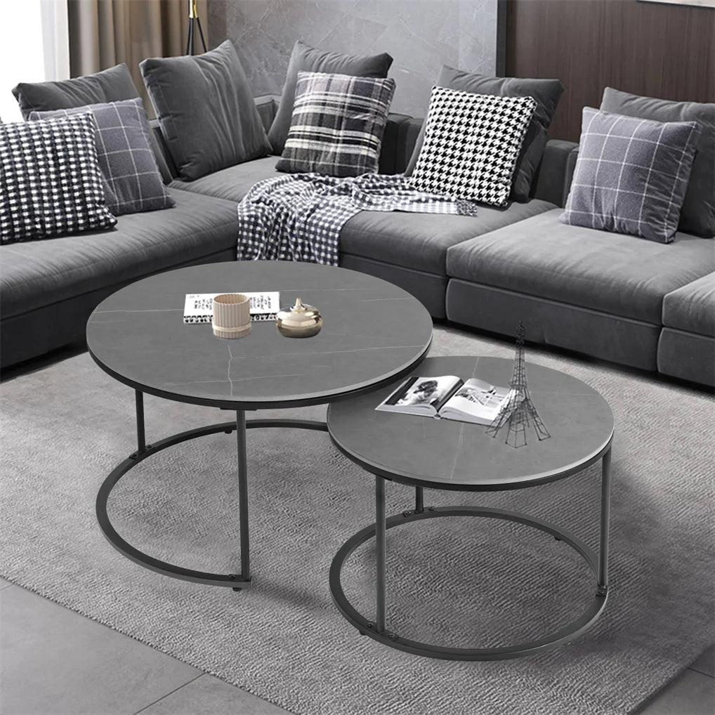 "Chic Grey Marble Nesting Coffee Table Set with Sleek Metal Legs - Elevate Your Modern Home Décor!"