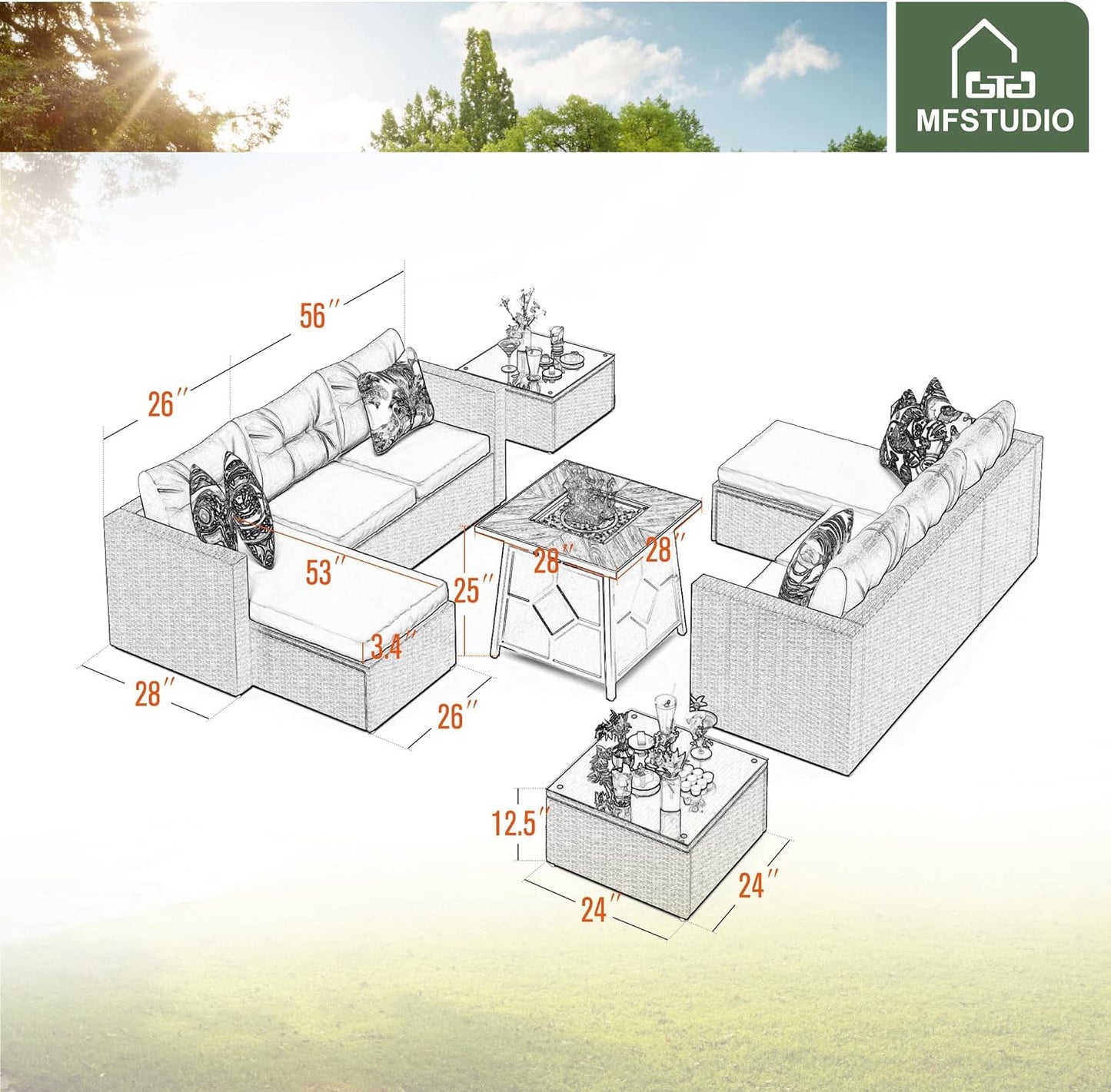 "Luxurious 7-Piece Outdoor Wicker Sectional Sofa Set with 28" Gas Propane Fire Pit Table & Cushions - Perfect for Stylish Patio Gatherings!"