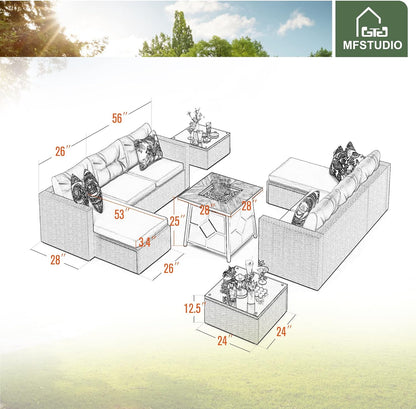 "Luxurious 7-Piece Outdoor Wicker Sectional Sofa Set with 28" Gas Propane Fire Pit Table & Cushions - Perfect for Stylish Patio Gatherings!"