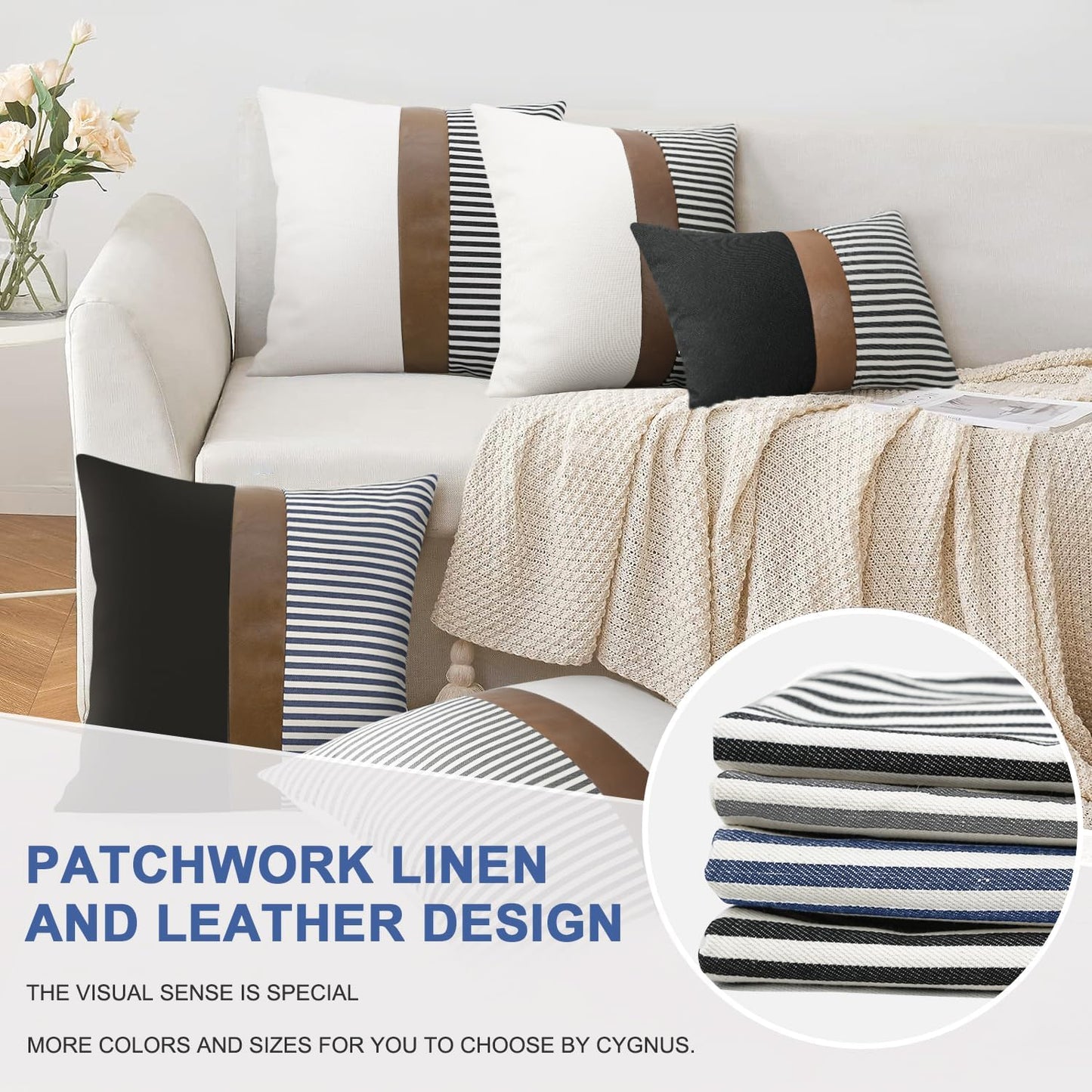 "Transform Your Space with Our Stylish 20x20 Farmhouse Pillow Covers! 🛋️✨ Set of 2 in Chic Stripe Patchwork & Modern Faux Leather - Perfect for Your Couch or Sofa! 🖤 #HomeDecor #PillowTalk"