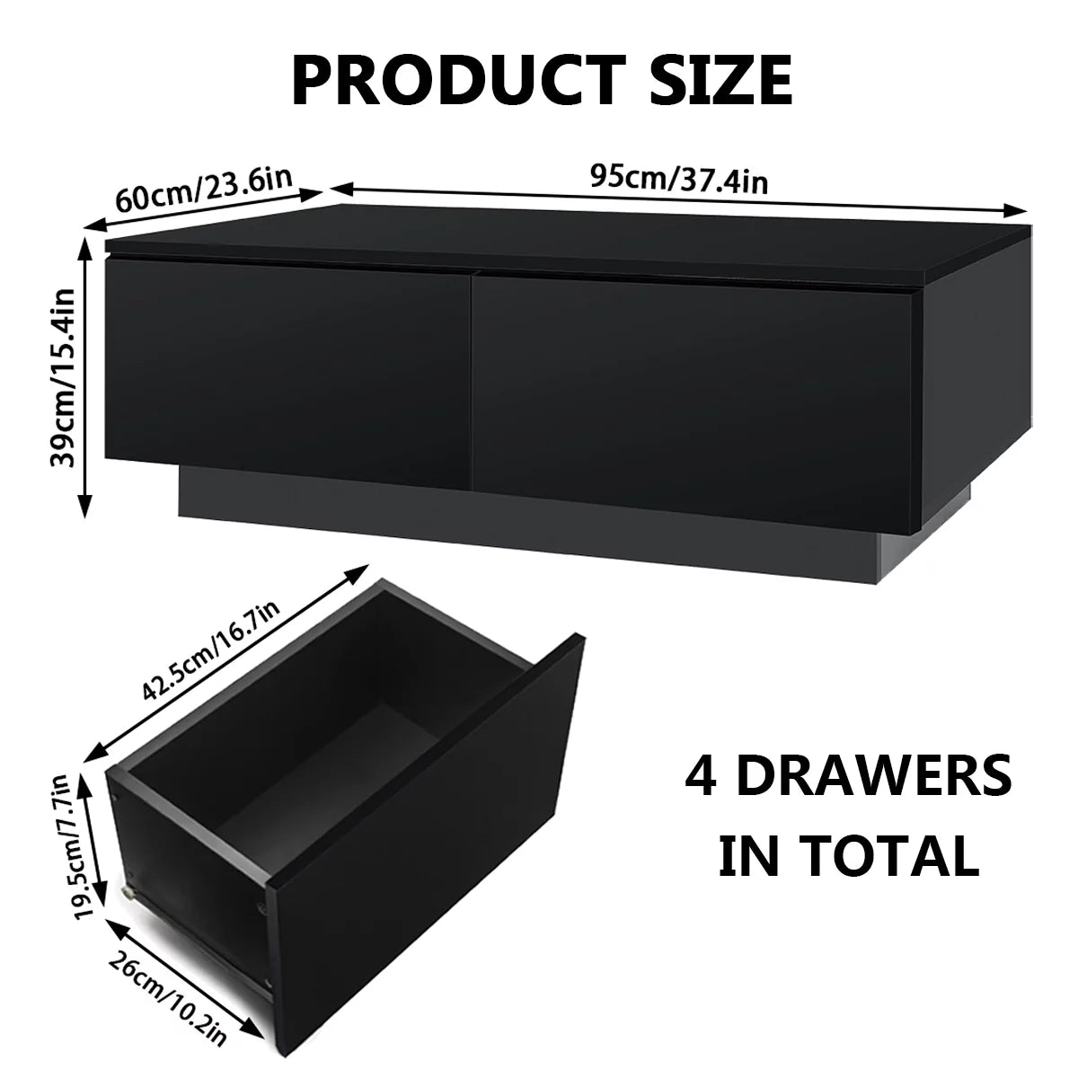 Sleek Black High Gloss LED Coffee Table with 4 Drawers - Modern Centerpiece for Your Living Room!