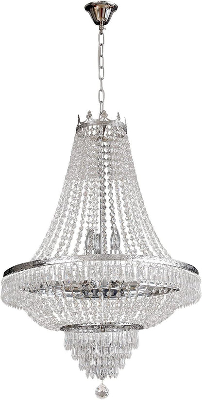 "Stunning Modern French Empire Crystal Pendant Chandelier - Elegant Raindrop Design, LED Ceiling Light Fixture, Perfect for Home Decor (H30 x W24 Inch, 9x E12 Bulbs Not Included)"