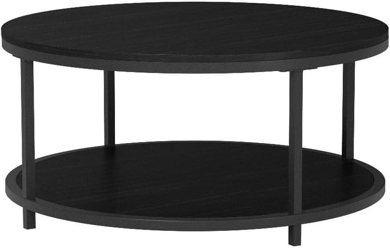 "Stylish 36" Round Rustic Coffee Table with Open Shelf - Sturdy Metal Legs & Modern Design for Your Living Room"