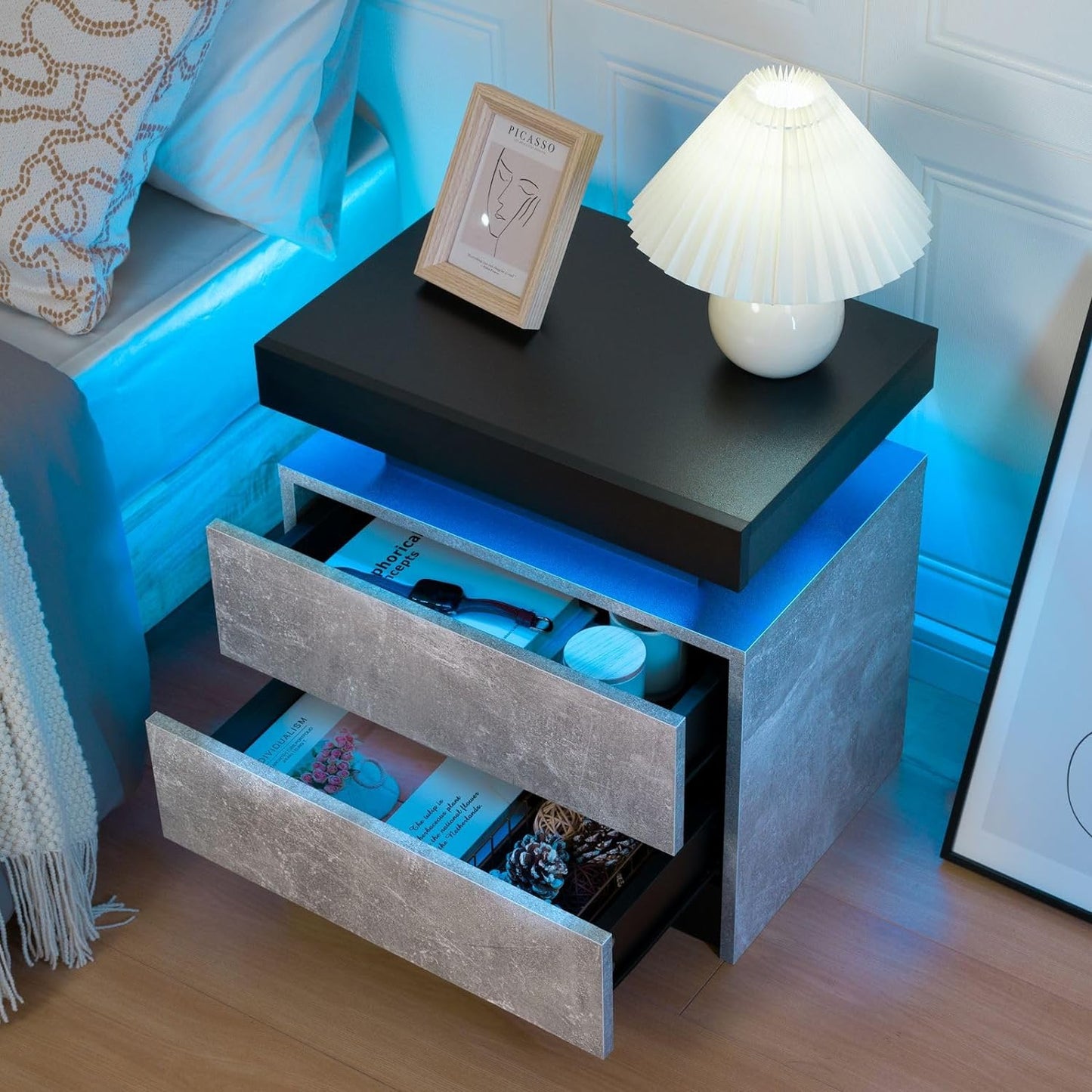 "Stylish Grey Bedside Table with 2 Drawers & LED Lights - Perfect Nightstand for Bedroom & Living Room"