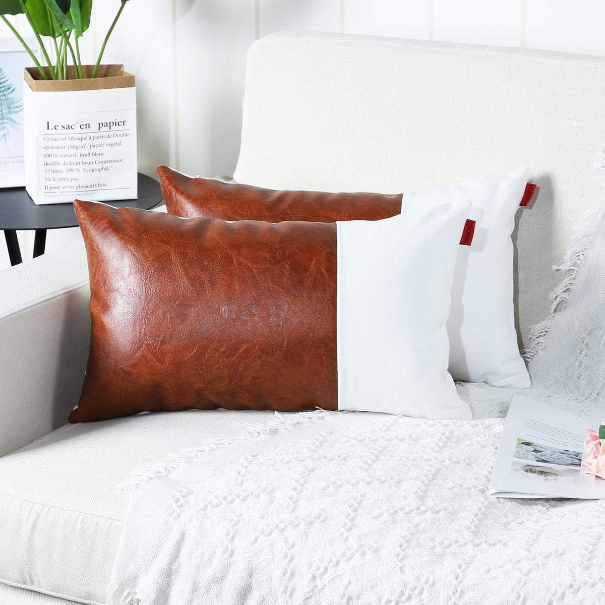 "Elevate Your Space with Our Set of 2 Luxury Boho Lumbar Pillow Covers! 🌿✨ Perfect for your couch, sofa, or bed - these chic faux leather and cotton cases in brown and white add a touch of farmhouse charm! 🛋️💖 #HomeDecor #BohoStyle"