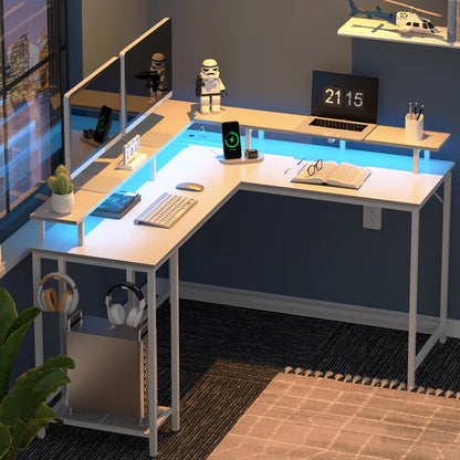 "Kamai 54" L-Shaped LED Desk - Stylish White Corner Computer & Gaming Desk for Ultimate Productivity"