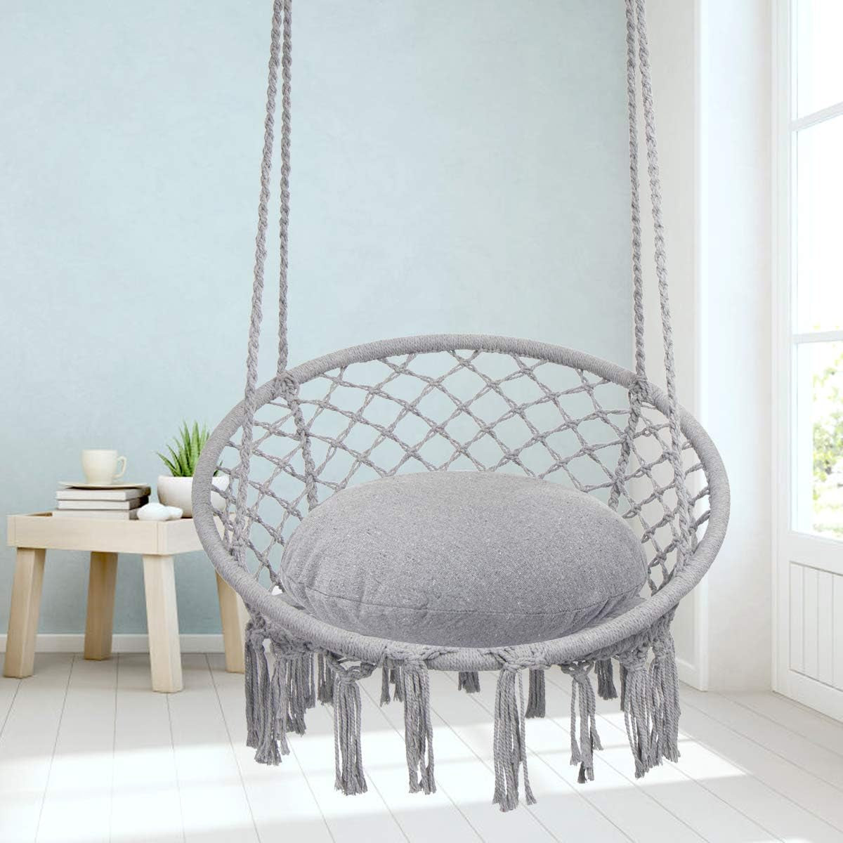 "Cozy Macrame Hammock Chair - Max 330 Lbs Capacity, Stylish Light Grey Swing for Indoor & Outdoor Relaxation"