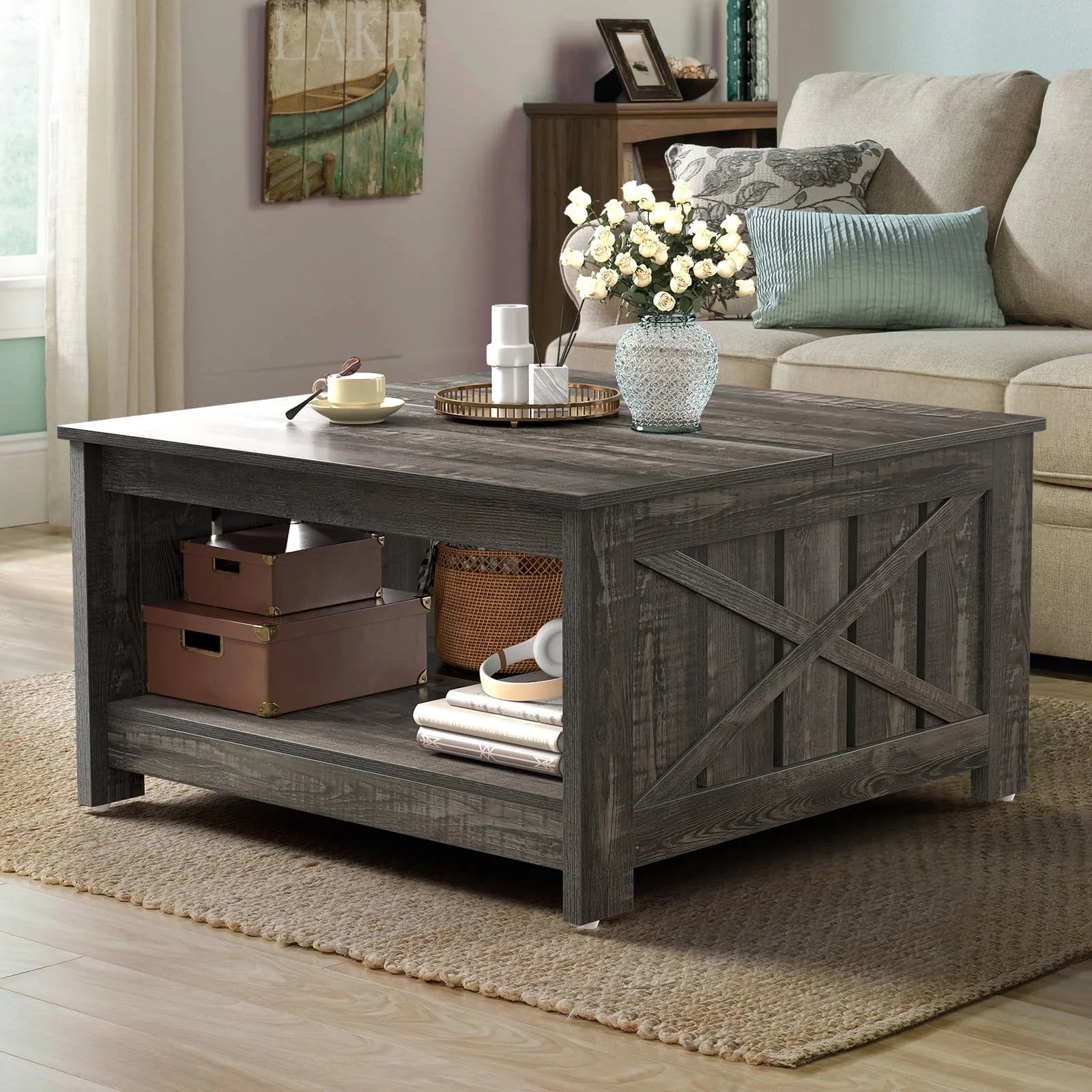 "Chic Rustic Gray Square Coffee Table with Half Open Storage - Perfect for Your Farmhouse Living Room!"