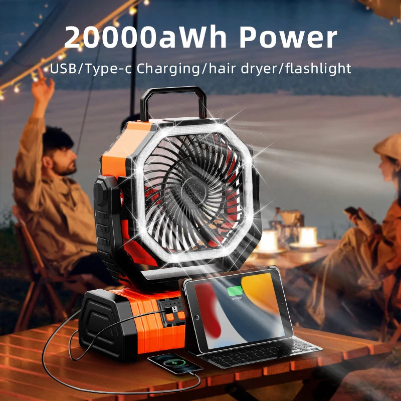 "Powerful 20,000mAh Portable Rechargeable Fan with LED Light & Hook - Perfect for Camping, Outdoor Adventures, and Desk Use!"