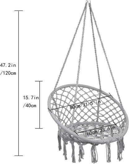 "Cozy Macrame Hammock Chair - Max 330 Lbs Capacity, Stylish Light Grey Swing for Indoor & Outdoor Relaxation"