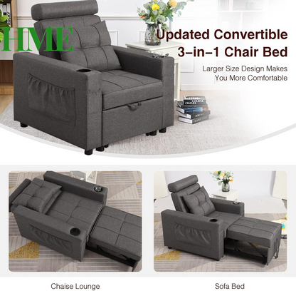 "Versatile 3-in-1 Sleeper Chair Bed - Stylish Convertible Design with Cup Holders, Pockets & Pillow for Small Spaces (Gray - Upgrade A)"