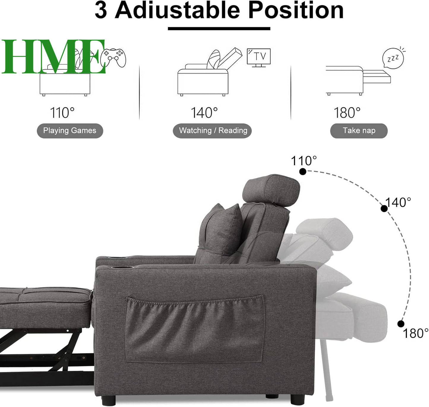 "Versatile 3-in-1 Sleeper Chair Bed - Stylish Convertible Design with Cup Holders, Pockets & Pillow for Small Spaces (Gray - Upgrade A)"