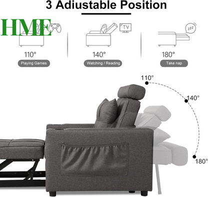 "Versatile 3-in-1 Sleeper Chair Bed - Stylish Convertible Design with Cup Holders, Pockets & Pillow for Small Spaces (Gray - Upgrade A)"